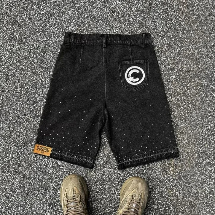 Hypebeast "CLRVNT" Star Rhinestone Baggy Denim Shorts