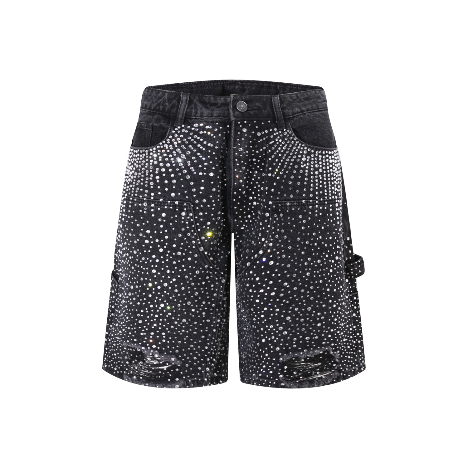 Grunge Aesthetic Rhinestone Denim Shorts with Raw Frayed Hems