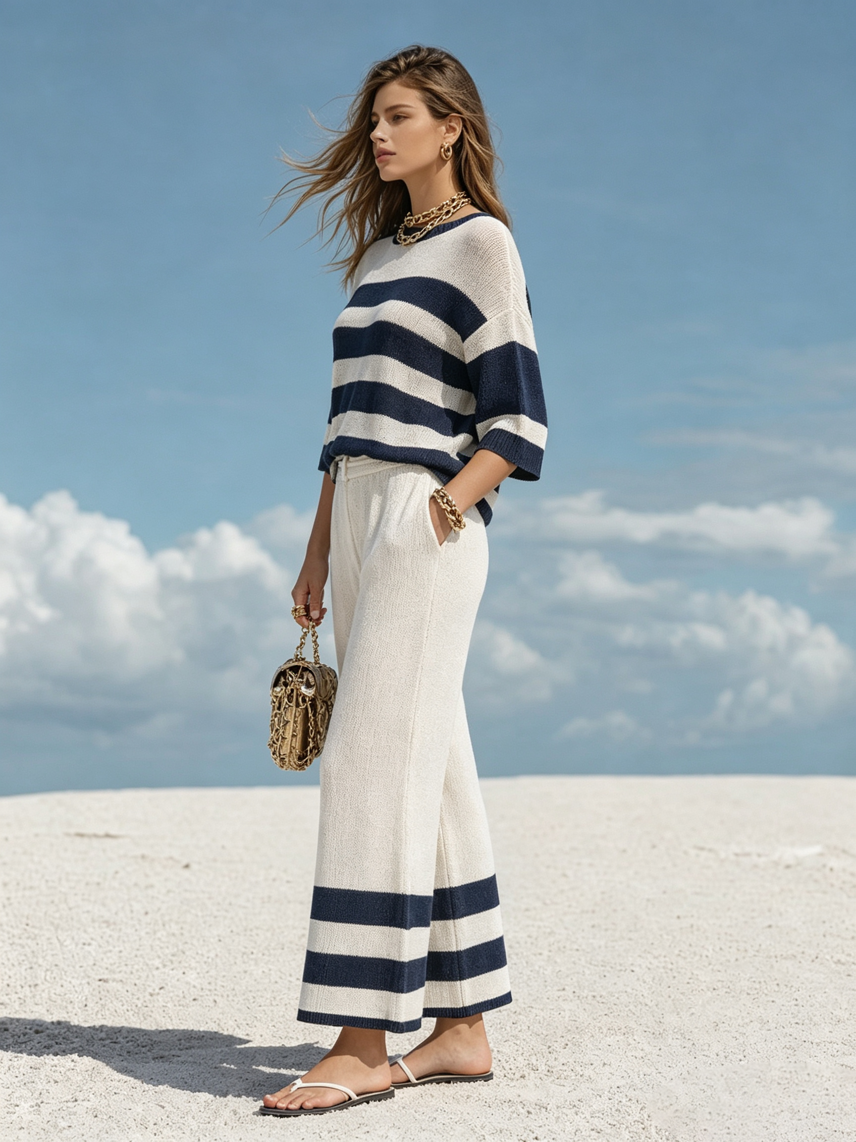 Resort-style Color-block Striped Crew-neck Top And Trousers Set