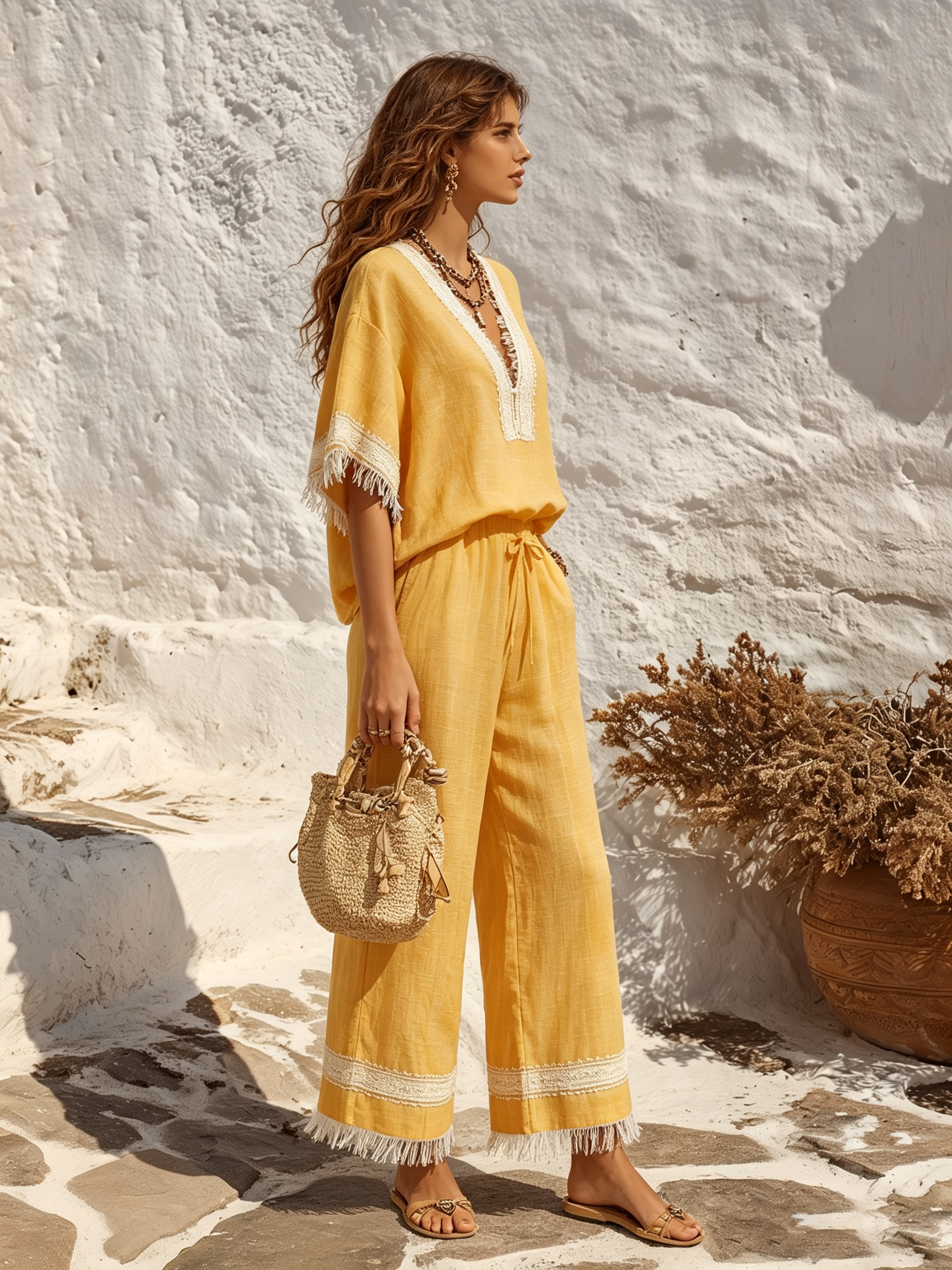 Resort-style V-neck Lace Short-sleeve Top And Cropped Pants Set