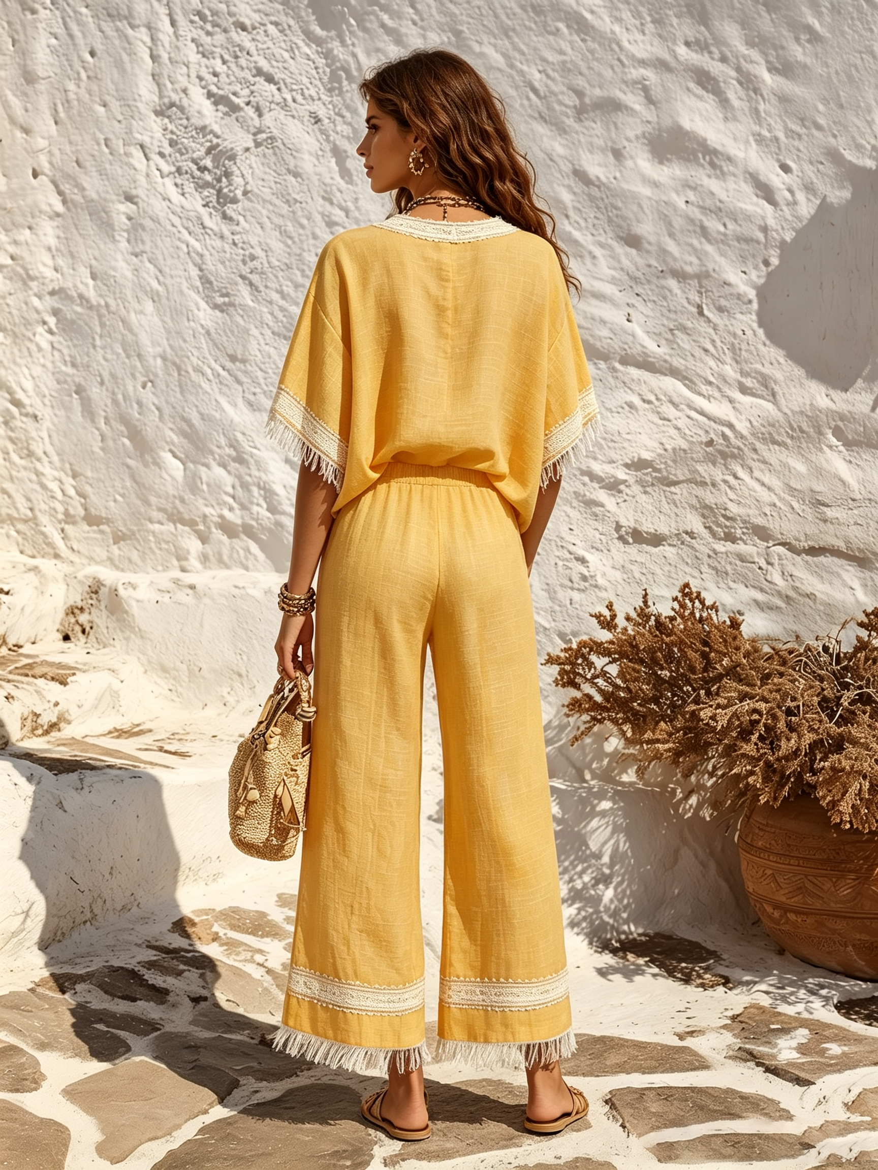 Resort-style V-neck Lace Short-sleeve Top And Cropped Pants Set
