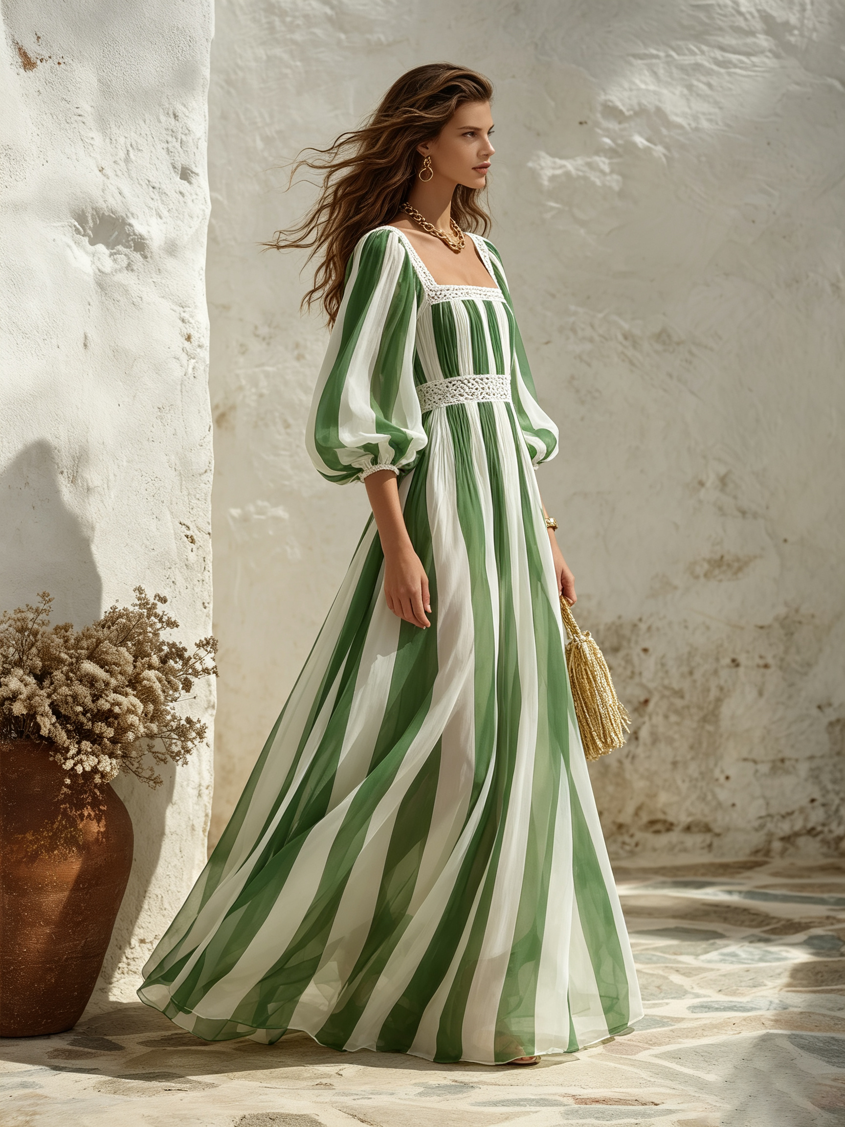 Resort-style Square Neckline Midi Sleeve Lace-trimmed Striped Chiffon Maxi Dress