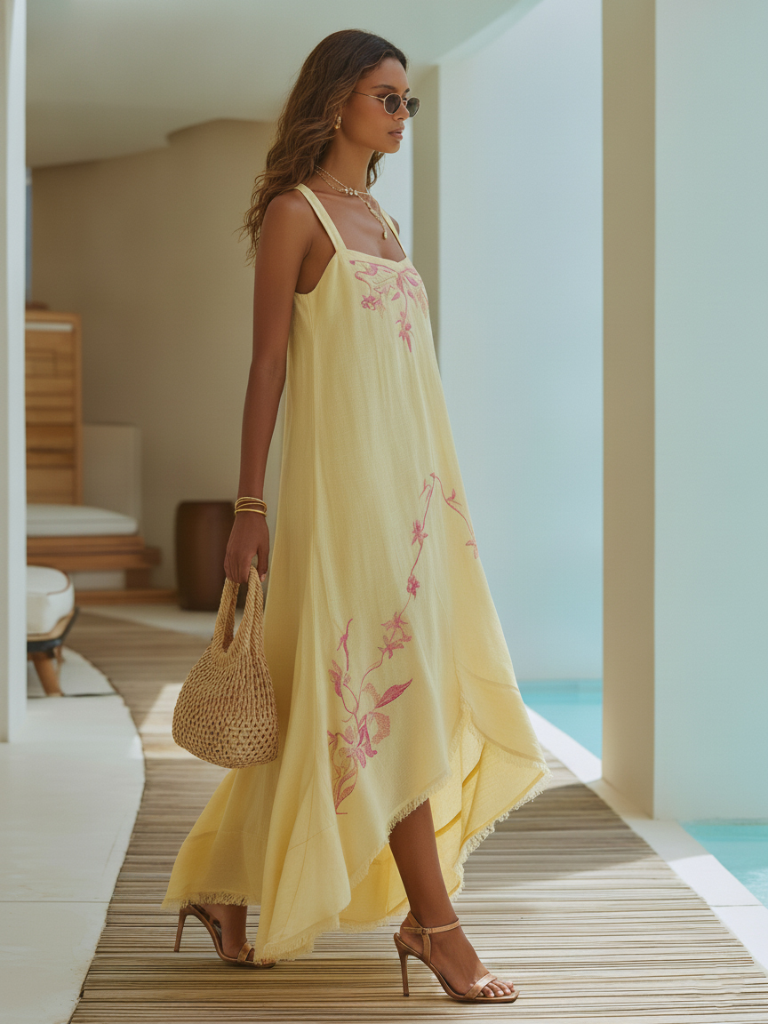 Resort Pale Lemon Floral Embroidered Linen Maxi Dress