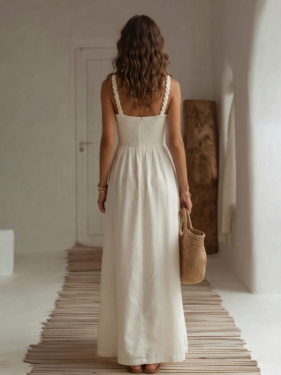 Cycladic White Smocked Linen Braided Spaghetti Straps Maxi Dress