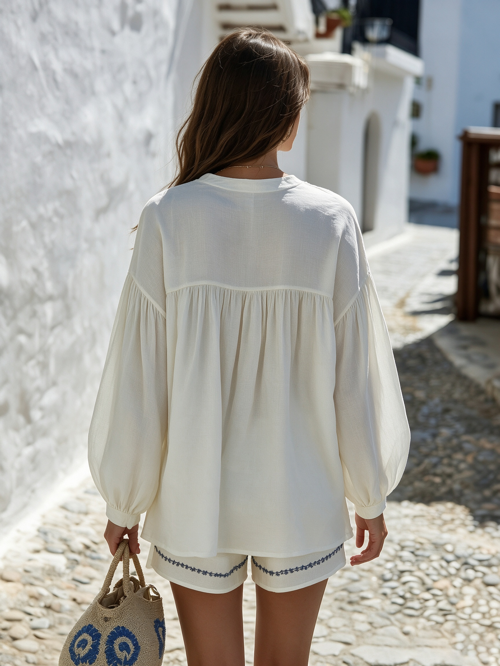 Resort-style V-neck Embroidered Long-sleeve Top And Shorts Set