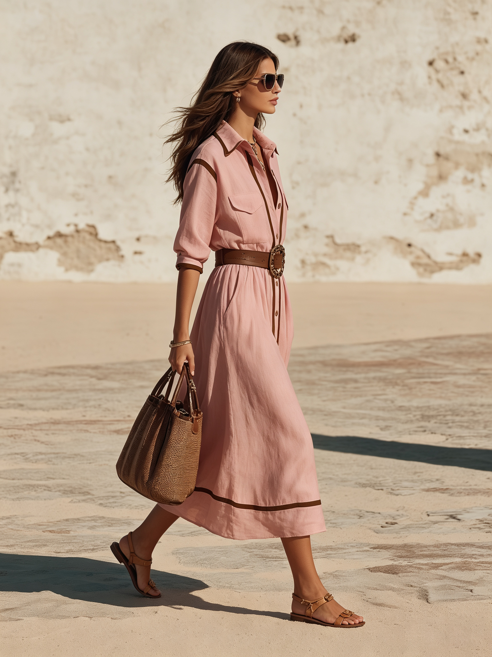 Resort-style Collared Mid-length Sleeves And Contrasting Trim Midi Dress 