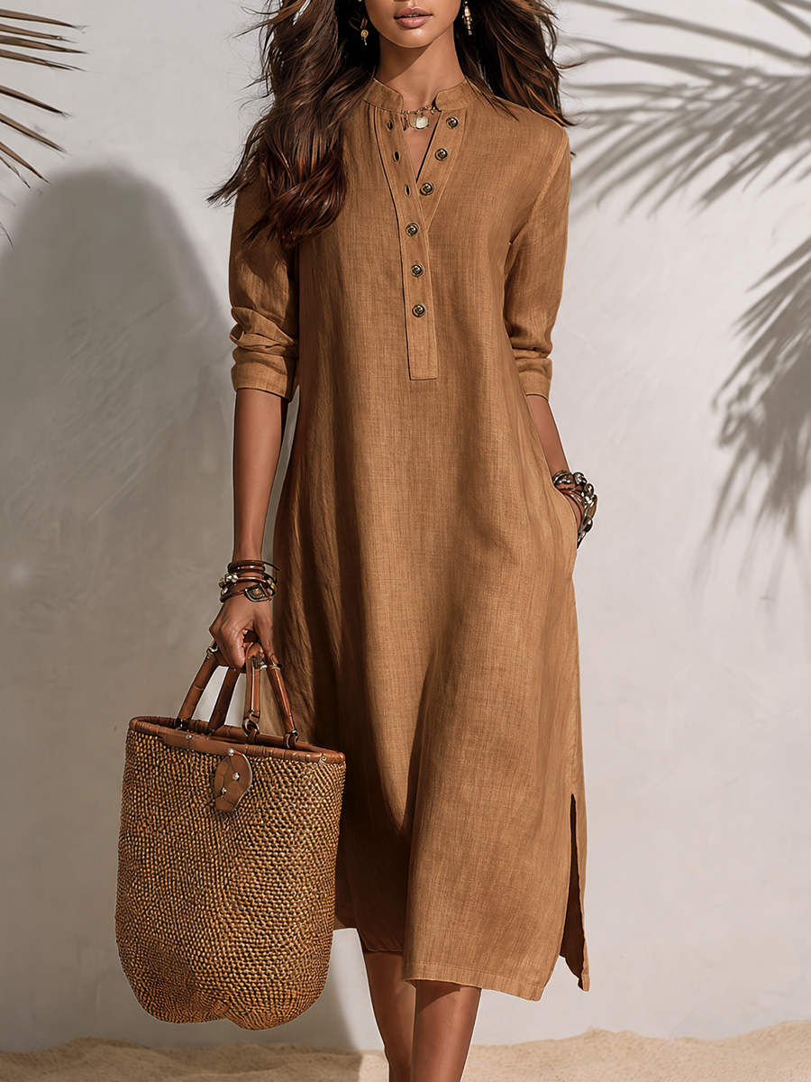 Vacation-style Short-sleeve Button-front Midi Dress
