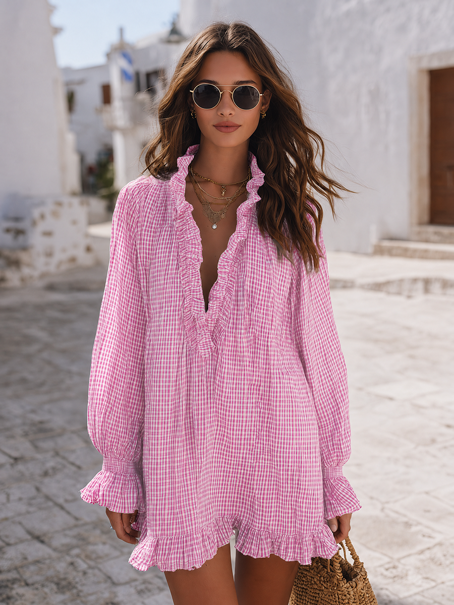Santorini Breeze Blue Gingham Ruffle Mini Dress