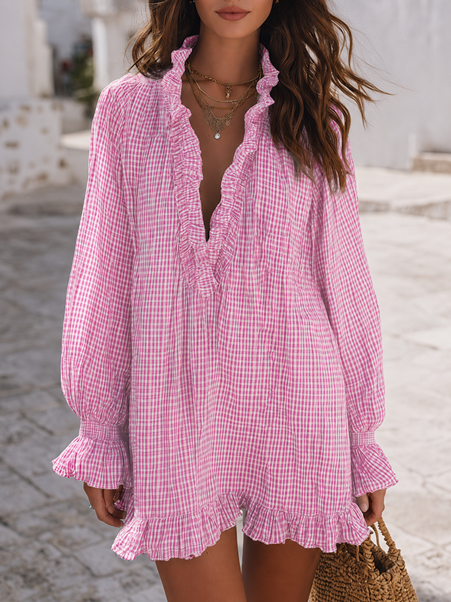 Santorini Breeze Blue Gingham Ruffle Mini Dress