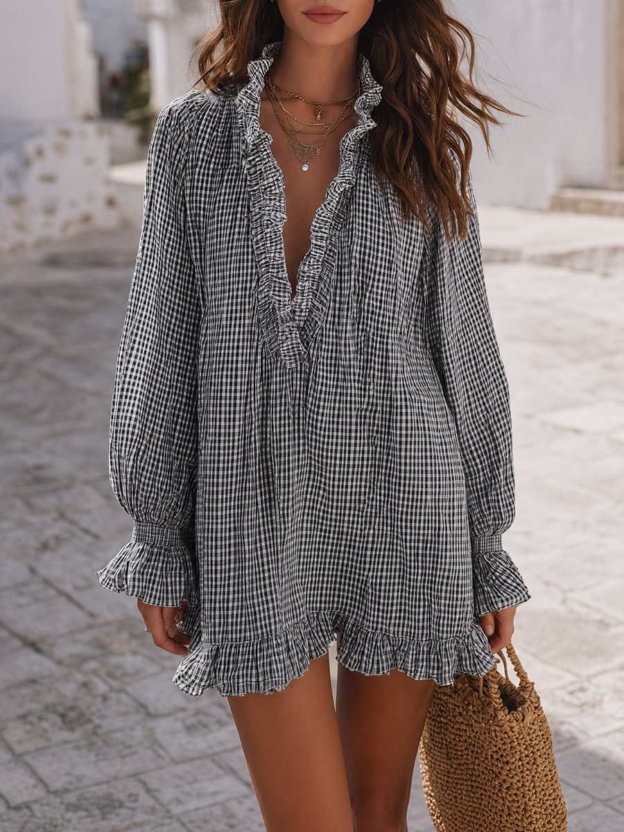 Santorini Breeze Blue Gingham Ruffle Mini Dress