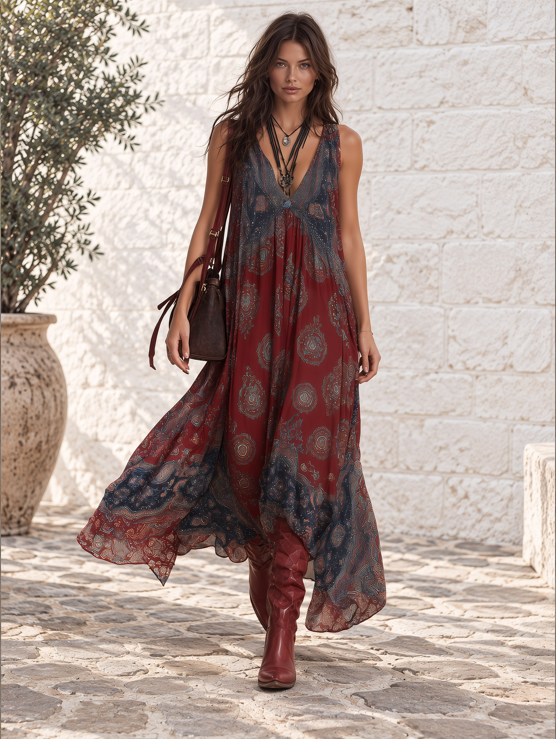 Retro Ethnic Bohemian Print Chiffon Sleeveless Maxi Dress