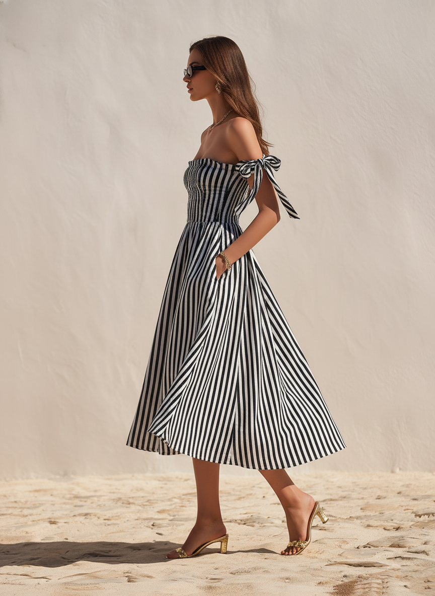 Casual Vacation Off-Shoulder Black White Striped Cotton Midi Dress