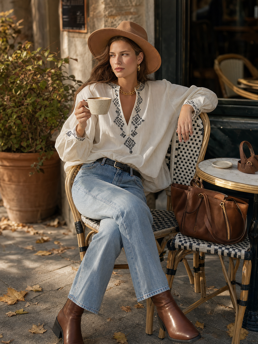 Ivory Cotton-Linen Embroidered Split-Neck Balloon Sleeve Resort Blouse