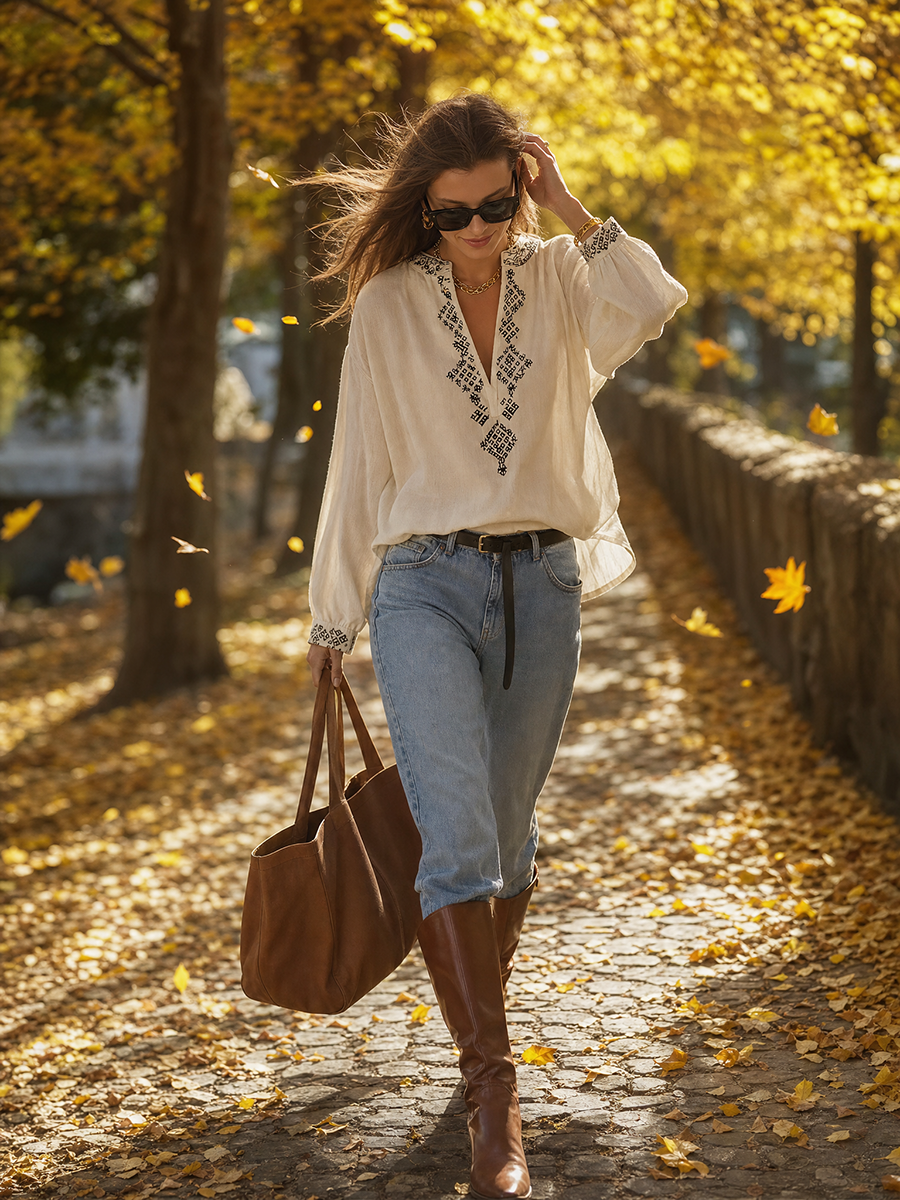 Ivory Cotton-Linen Embroidered Split-Neck Balloon Sleeve Resort Blouse