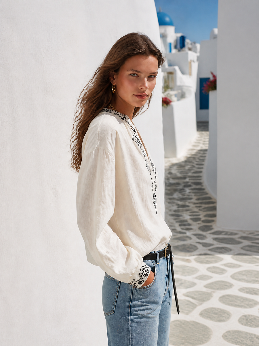 Ivory Cotton-Linen Embroidered Split-Neck Balloon Sleeve Resort Blouse