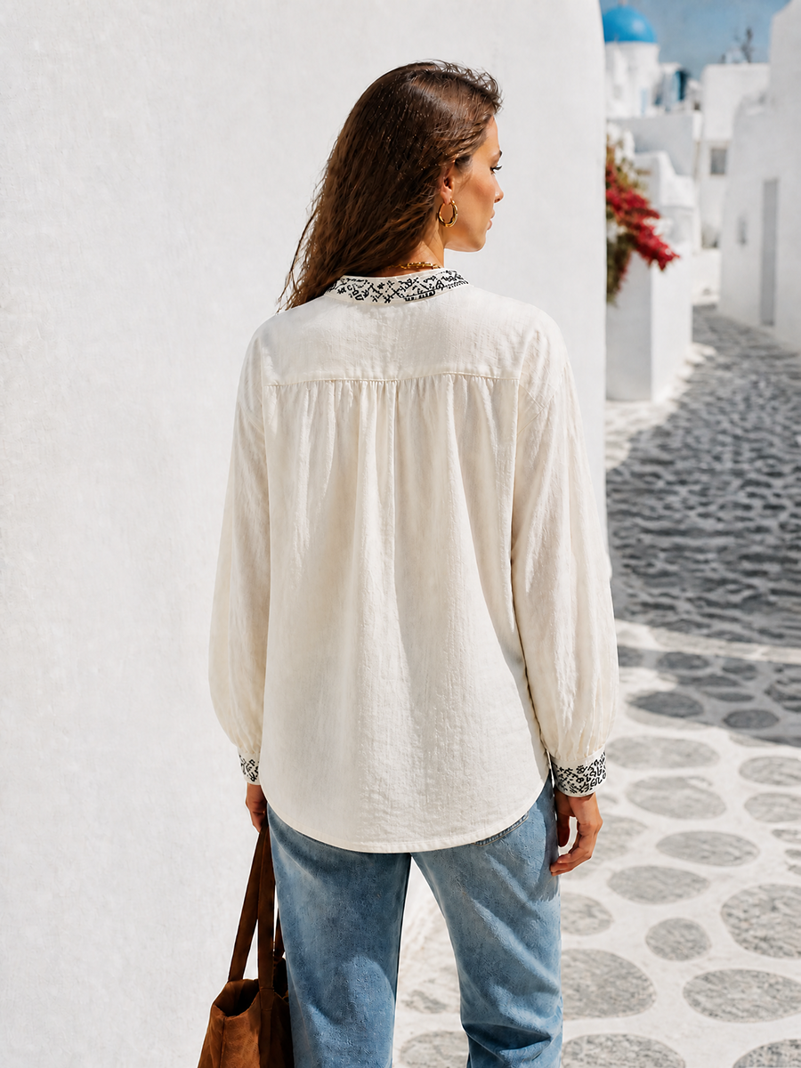 Ivory Cotton-Linen Embroidered Split-Neck Balloon Sleeve Resort Blouse