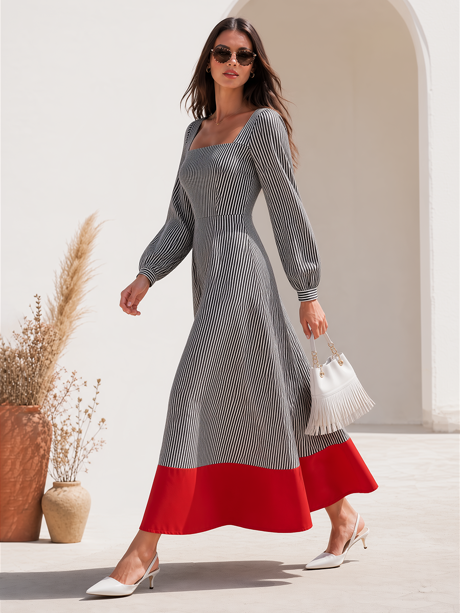 Grey And White Pinstripe Square Neck Long Sleeve Button Cuff Fitted Waist Contrast Red Color Block Hem Midi Dress