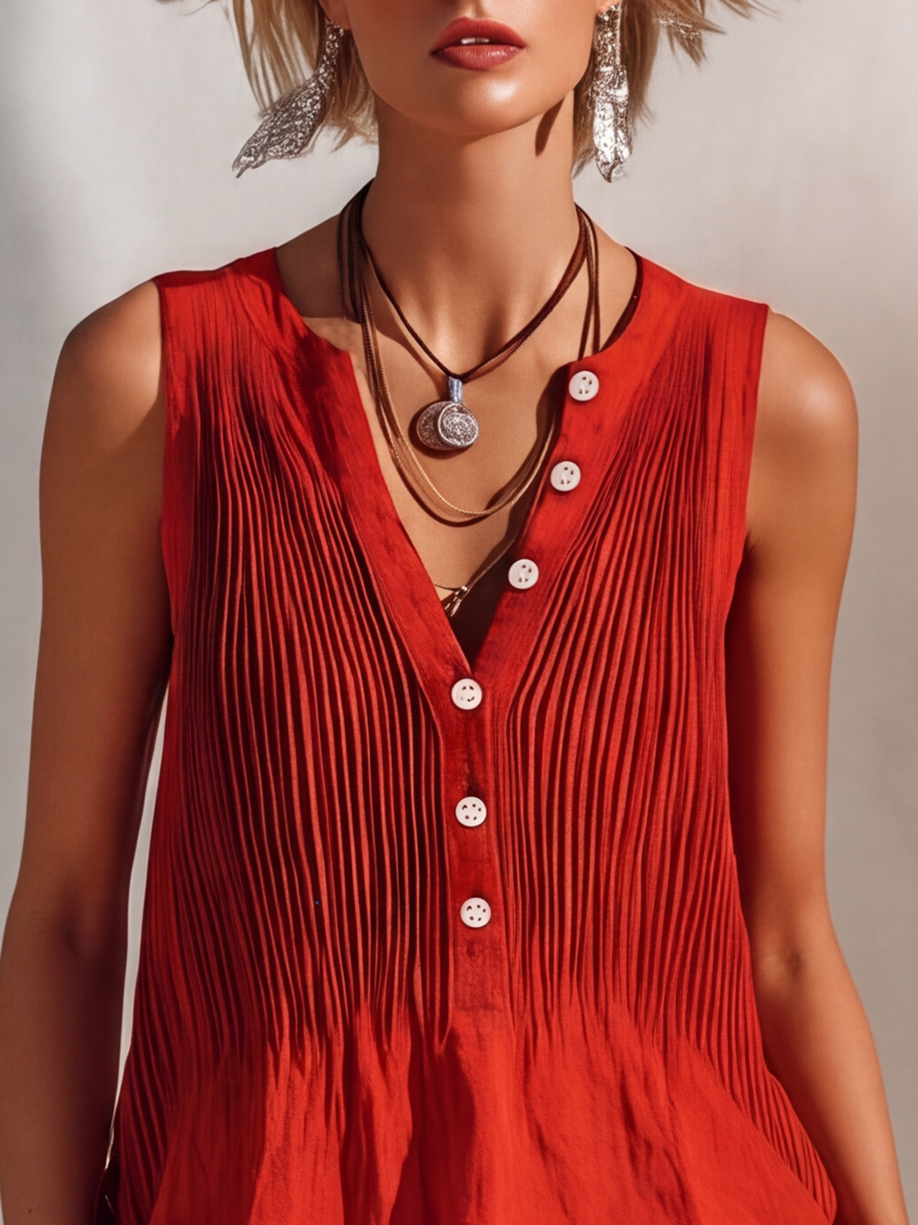 Bohemian Resort Style Red Pleated Cotton-linen Sleeveless Tank Top