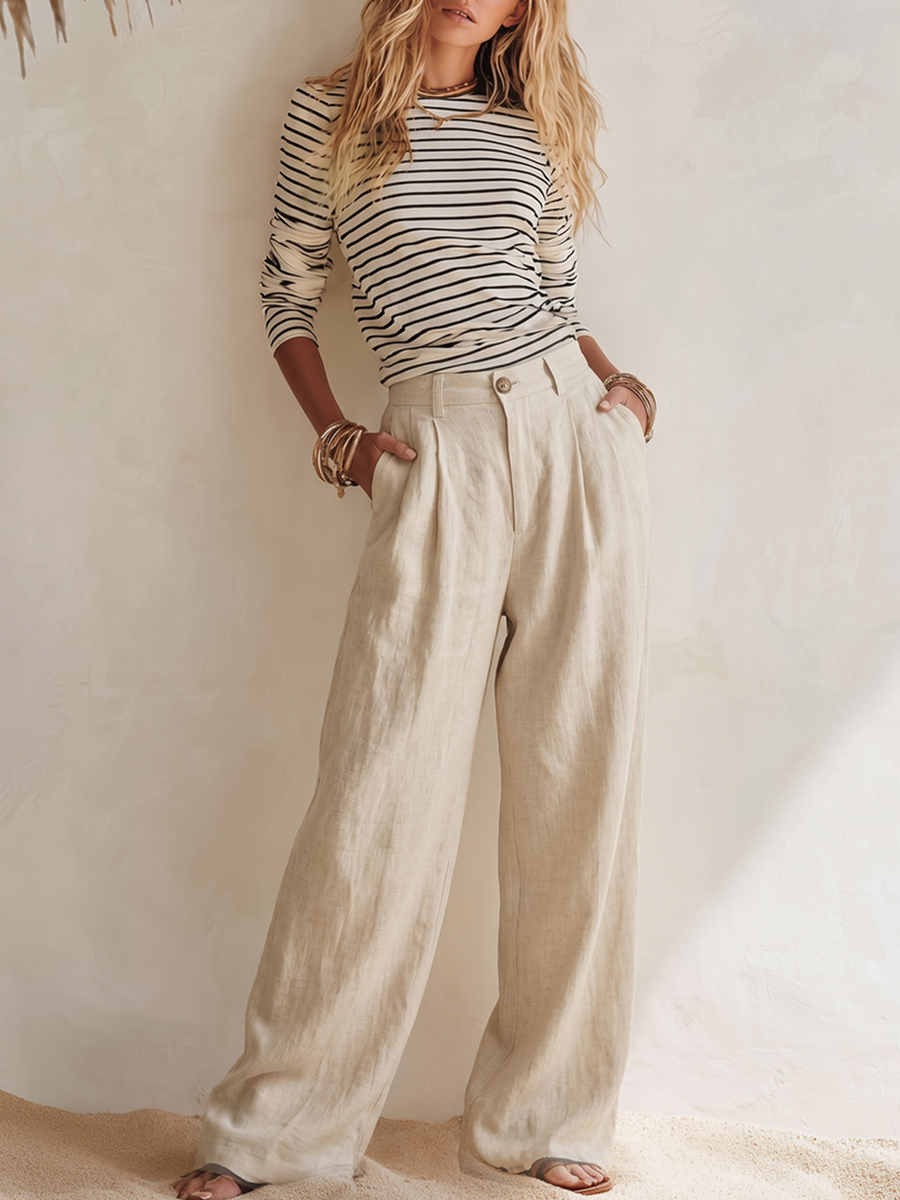 Stylish Black And White Striped Top And Wide-leg Pants Set