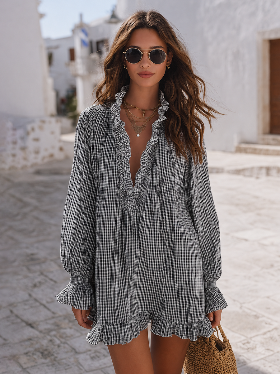 Santorini Breeze Blue Gingham Ruffle Mini Dress