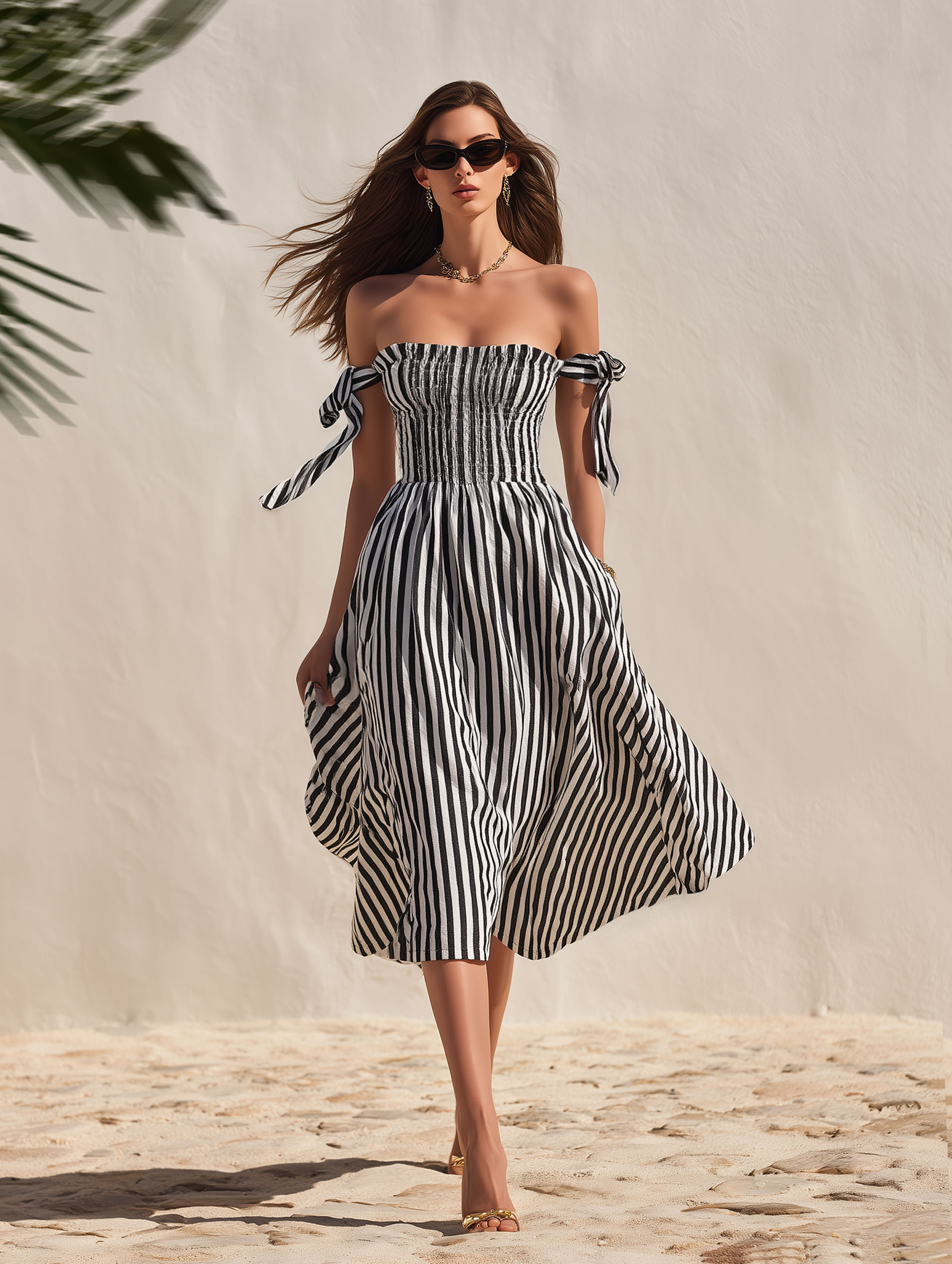 Casual Vacation Off-Shoulder Black White Striped Cotton Midi Dress
