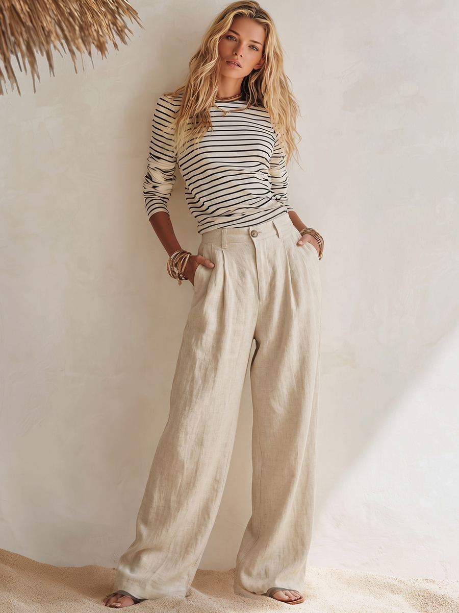 Stylish Black And White Striped Top And Wide-leg Pants Set