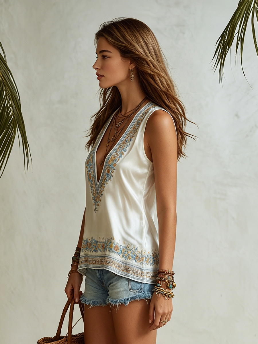 Resort-style V-neck Sleeveless Ethnic Print Satin Top