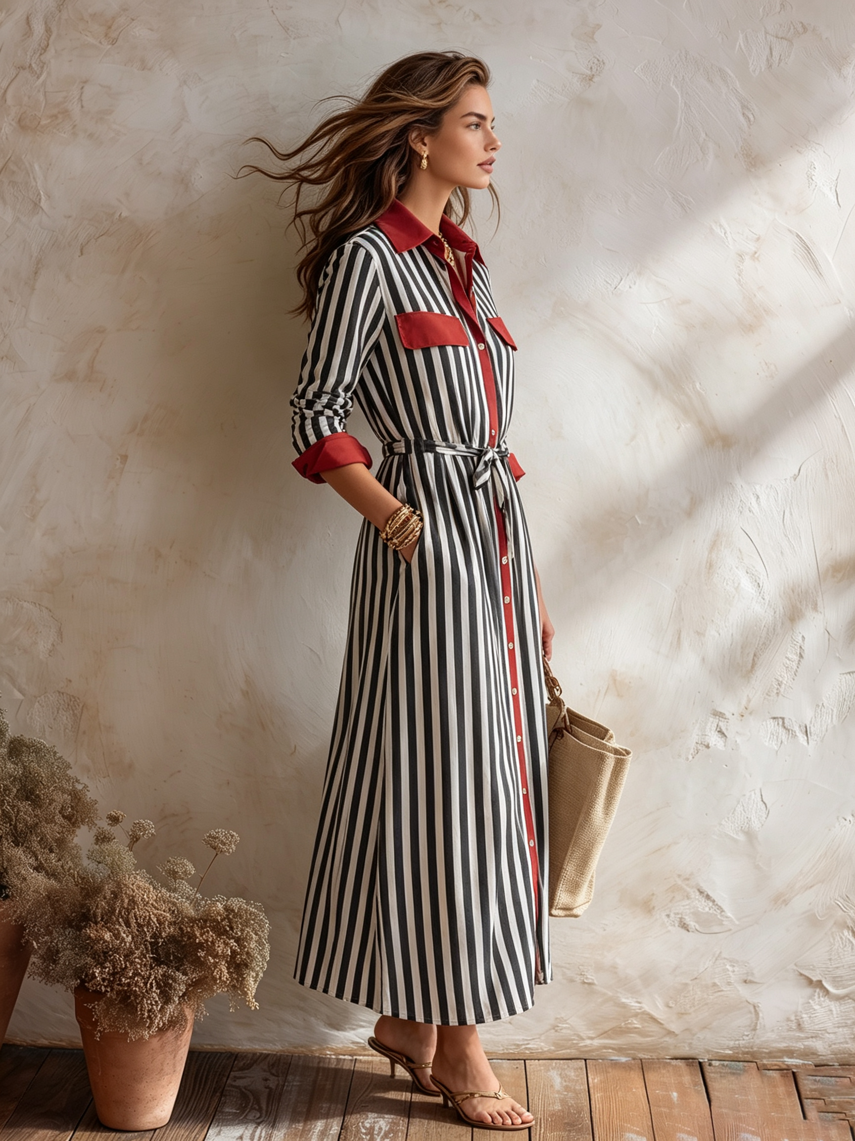 Resort-style Collared Long-sleeved Striped Midi Dress