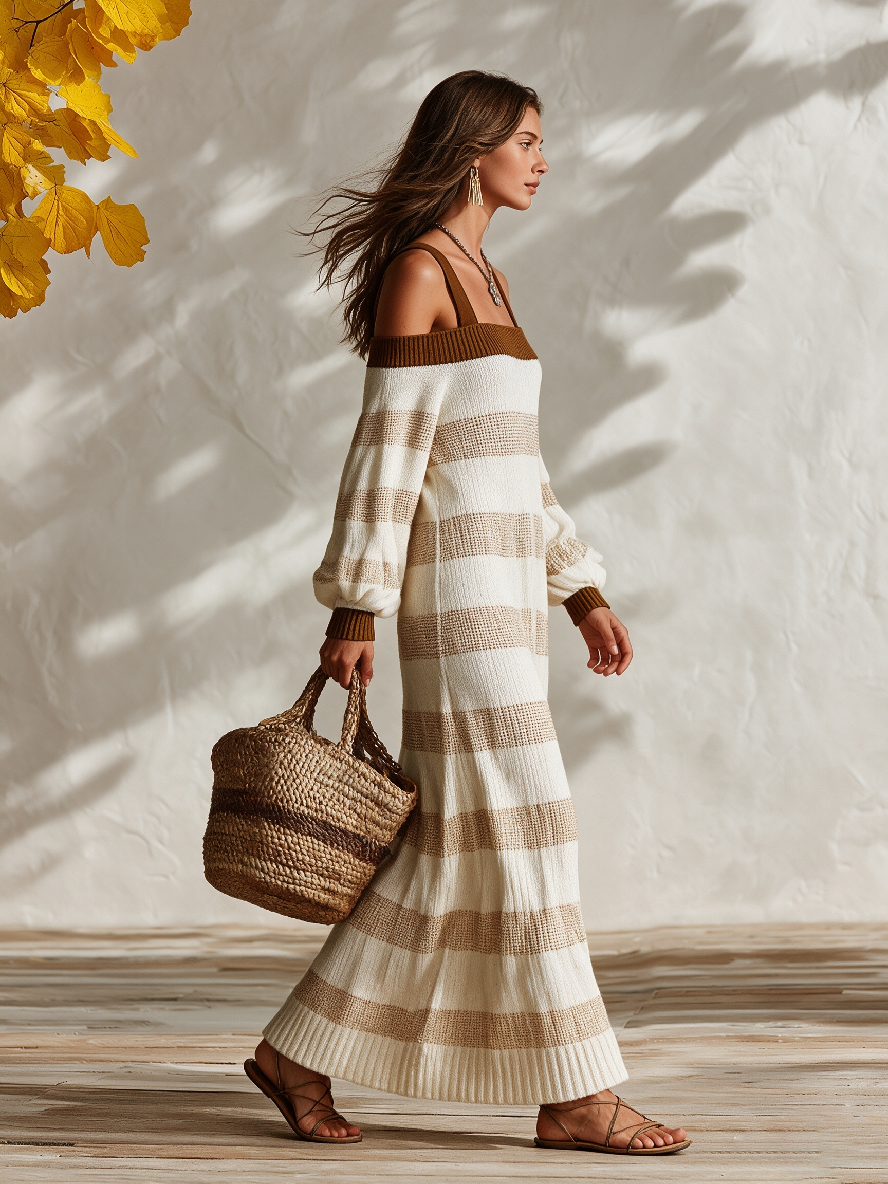 Resort-style Striped Long-sleeve Off-shoulder Knit Maxi Dress