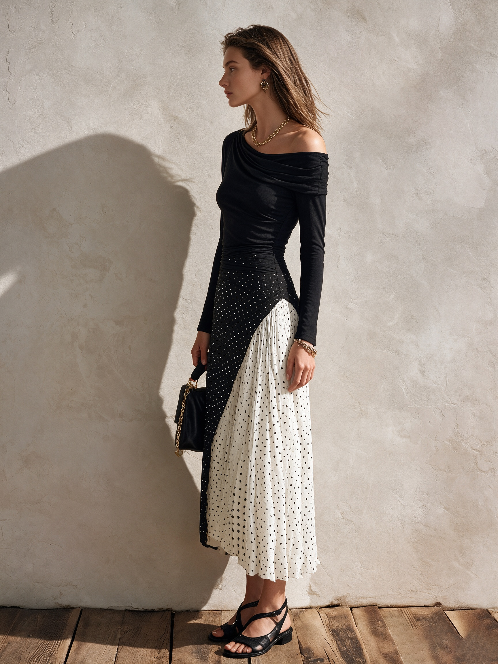Vacation-style Cowl-neck Top And Polka-dot Chiffon Skirt Set