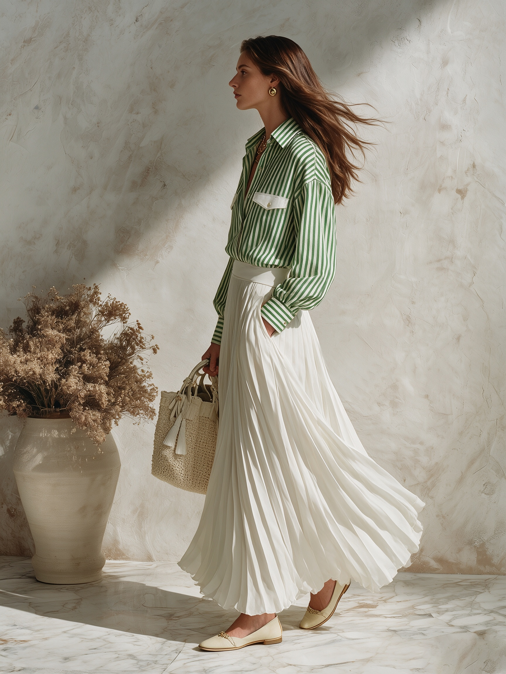 Resort-style Striped Long-sleeve Top And Skirt Set