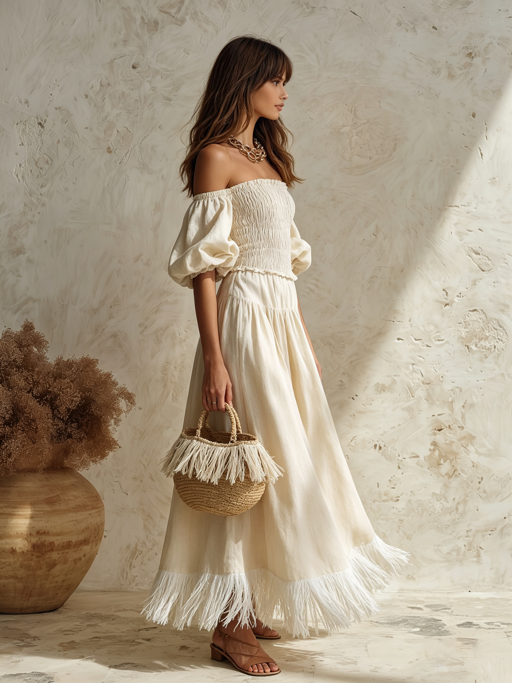 Resort-style Off-shoulder Puff-sleeved Tassel Maxi Dress