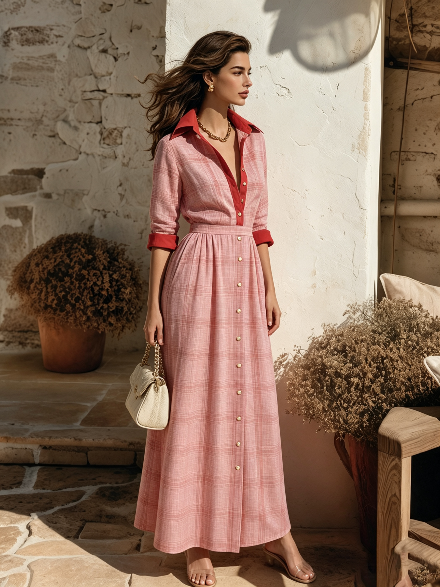 Resort-style Collared Plaid Button-down Maxi Dress
