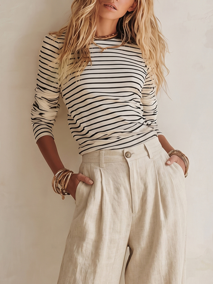 Stylish Black And White Striped Top And Wide-leg Pants Set