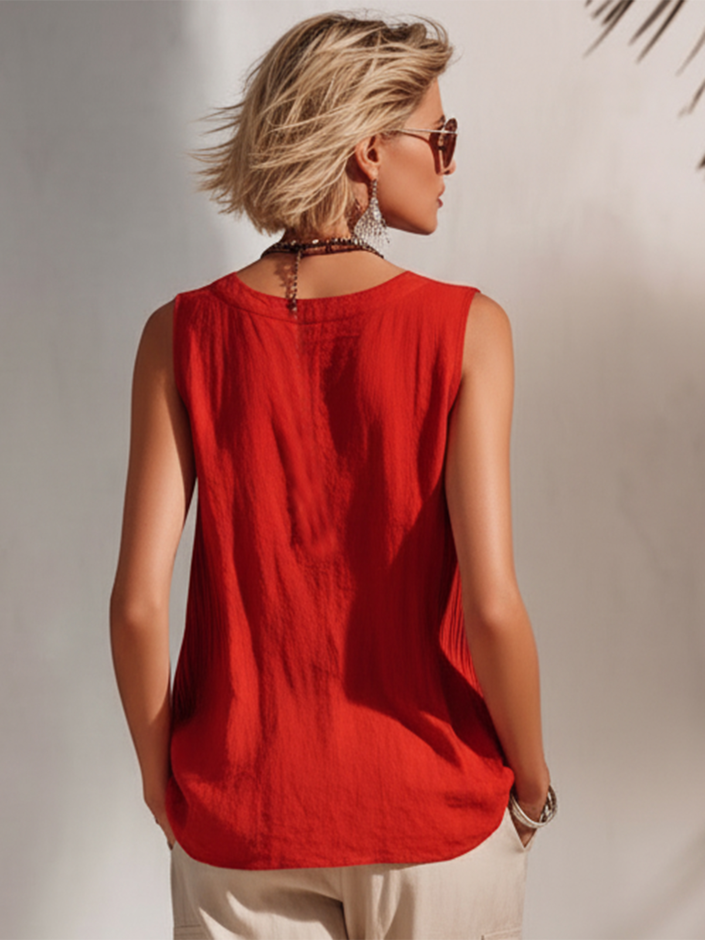 Bohemian Resort Style Red Pleated Cotton-linen Sleeveless Tank Top