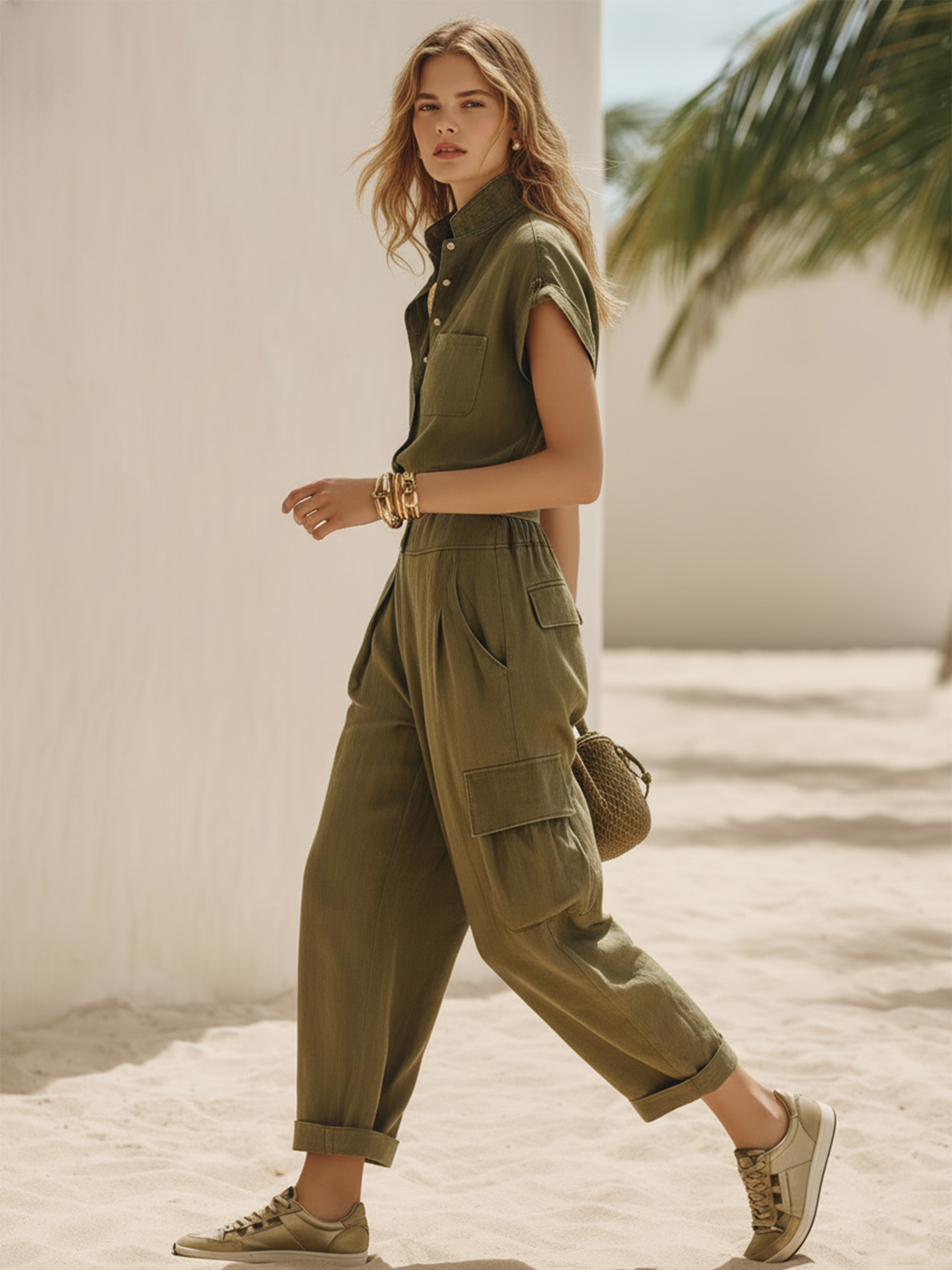 Casual Retro Vacation Olive Green Cotton Linen Short-Sleeve Shirt And Wide-Leg Pants Set