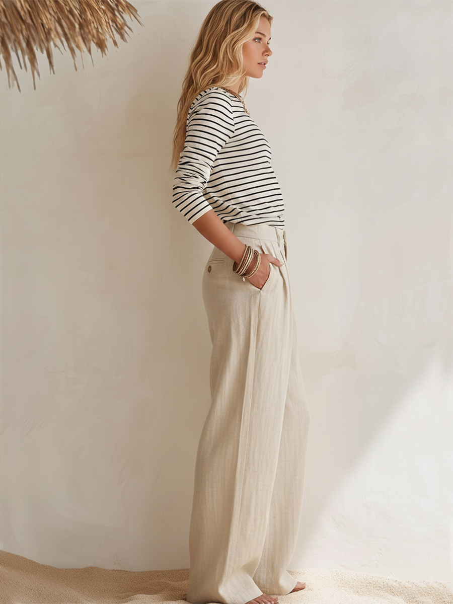 Stylish Black And White Striped Top And Wide-leg Pants Set