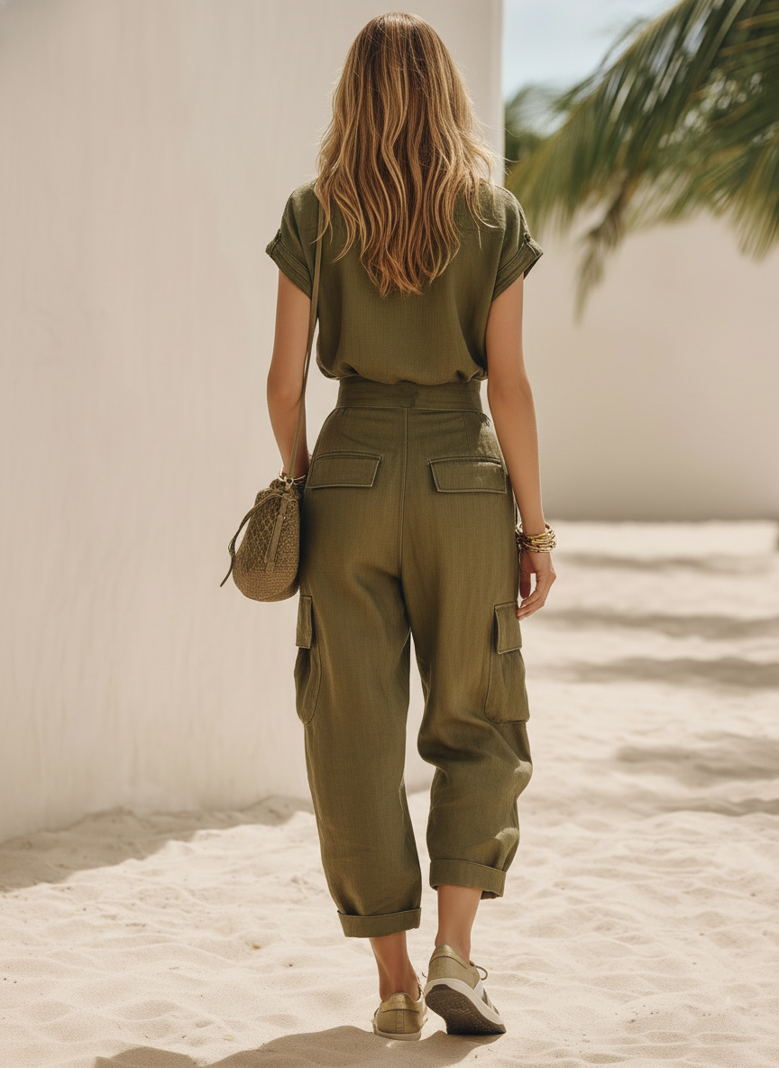 Casual Retro Vacation Olive Green Cotton Linen Short-Sleeve Shirt And Wide-Leg Pants Set