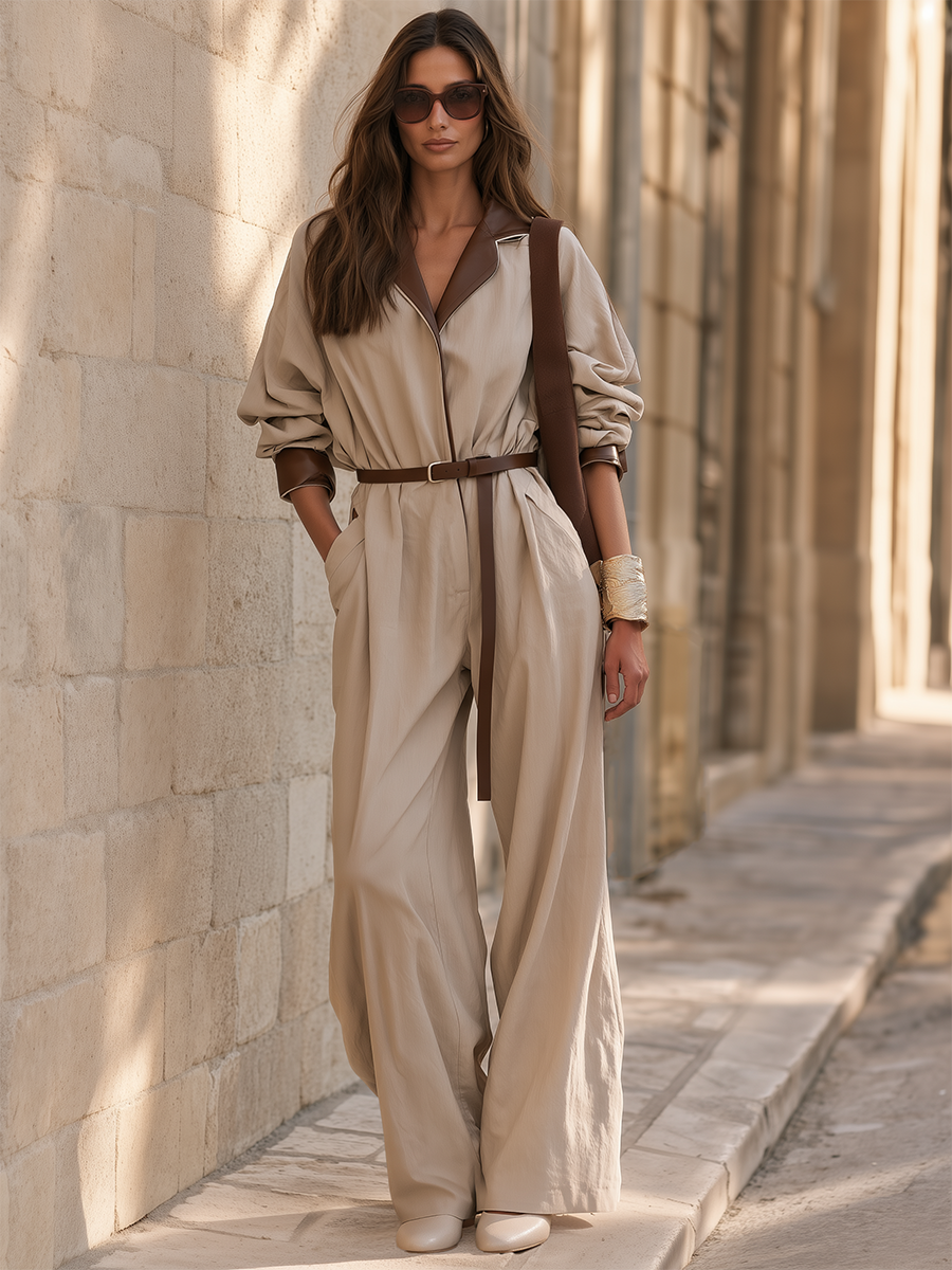 Sand Beige Contrast-Trim Belted Utility Wide-Leg Long Sleeve Resort Jumpsuit