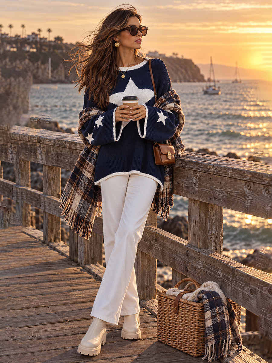 Navy And Ivory Oversized Star-Intarsia Relaxed Resort Sweater