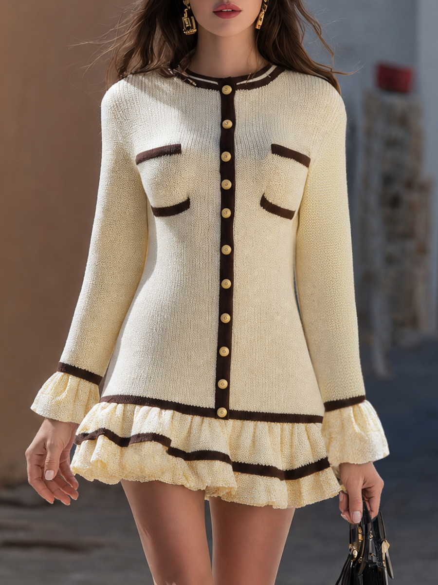 Butter Yellow Contrast-Trim Button-Front Knit Ruffle Hem Mini Dress