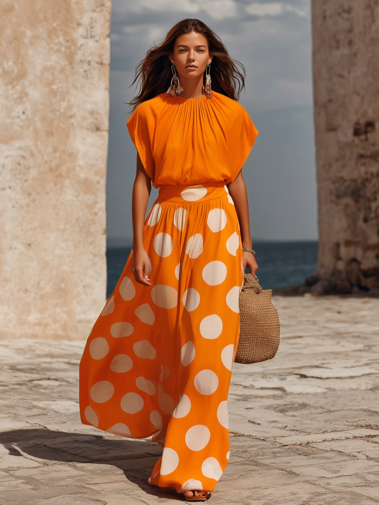 Capri Vibe Orange Solid Pleated Blouse And White Polka Dot Wide Leg Maxi Pant Set