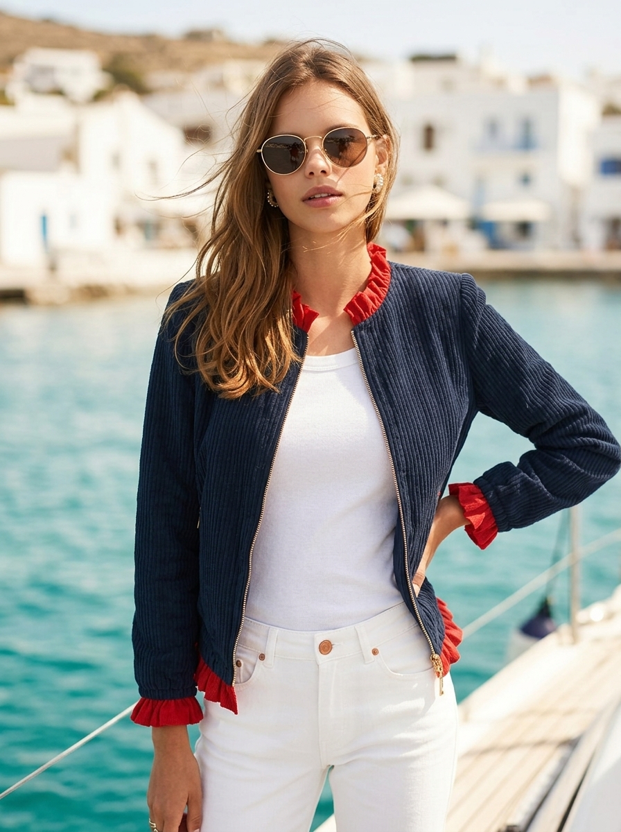 French Retro Vibe Navy Corduroy Red Ruffle Trim Cropped Jacket