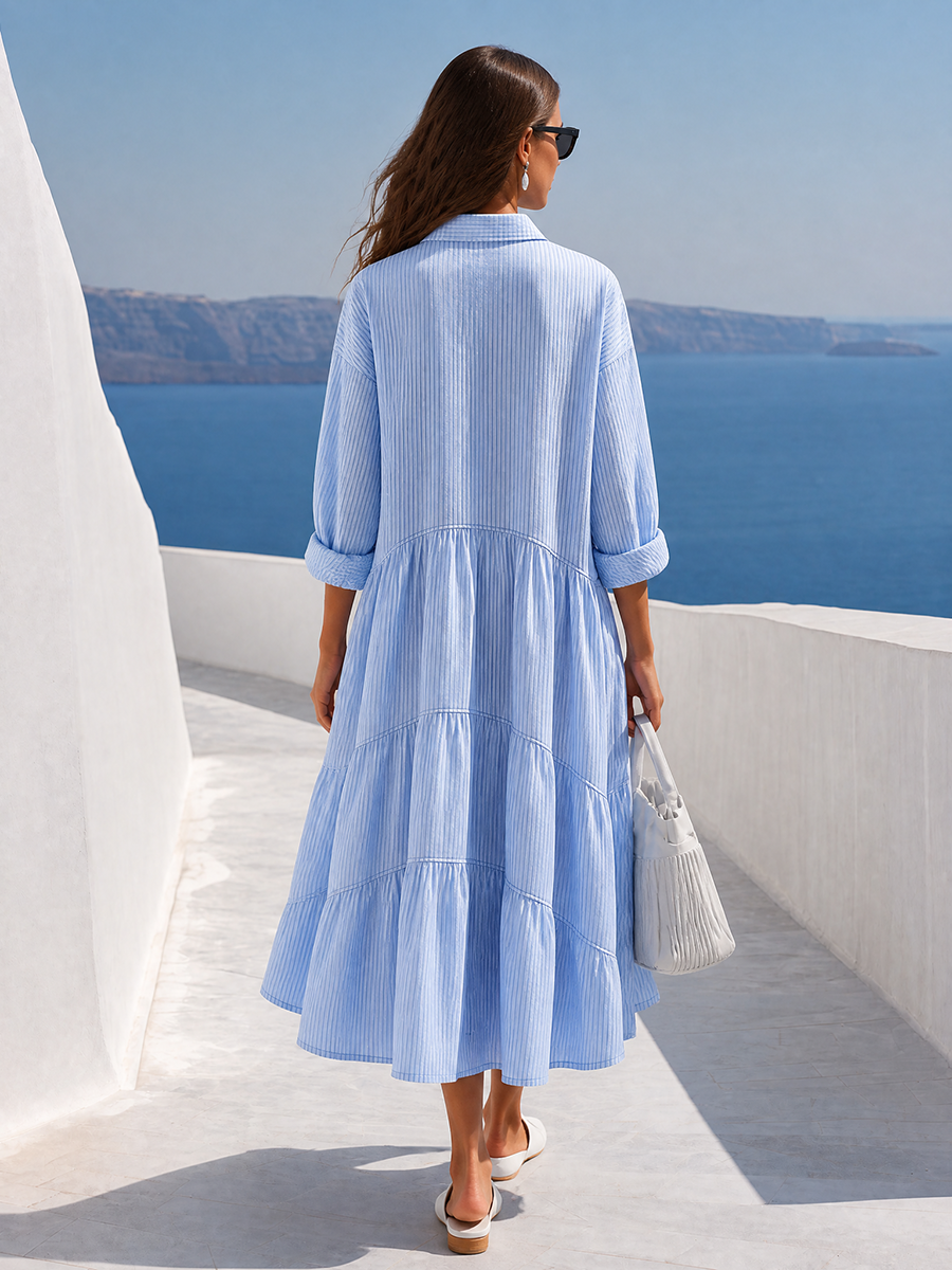 Elegant Blue Striped Collared Tiered Midi Dress