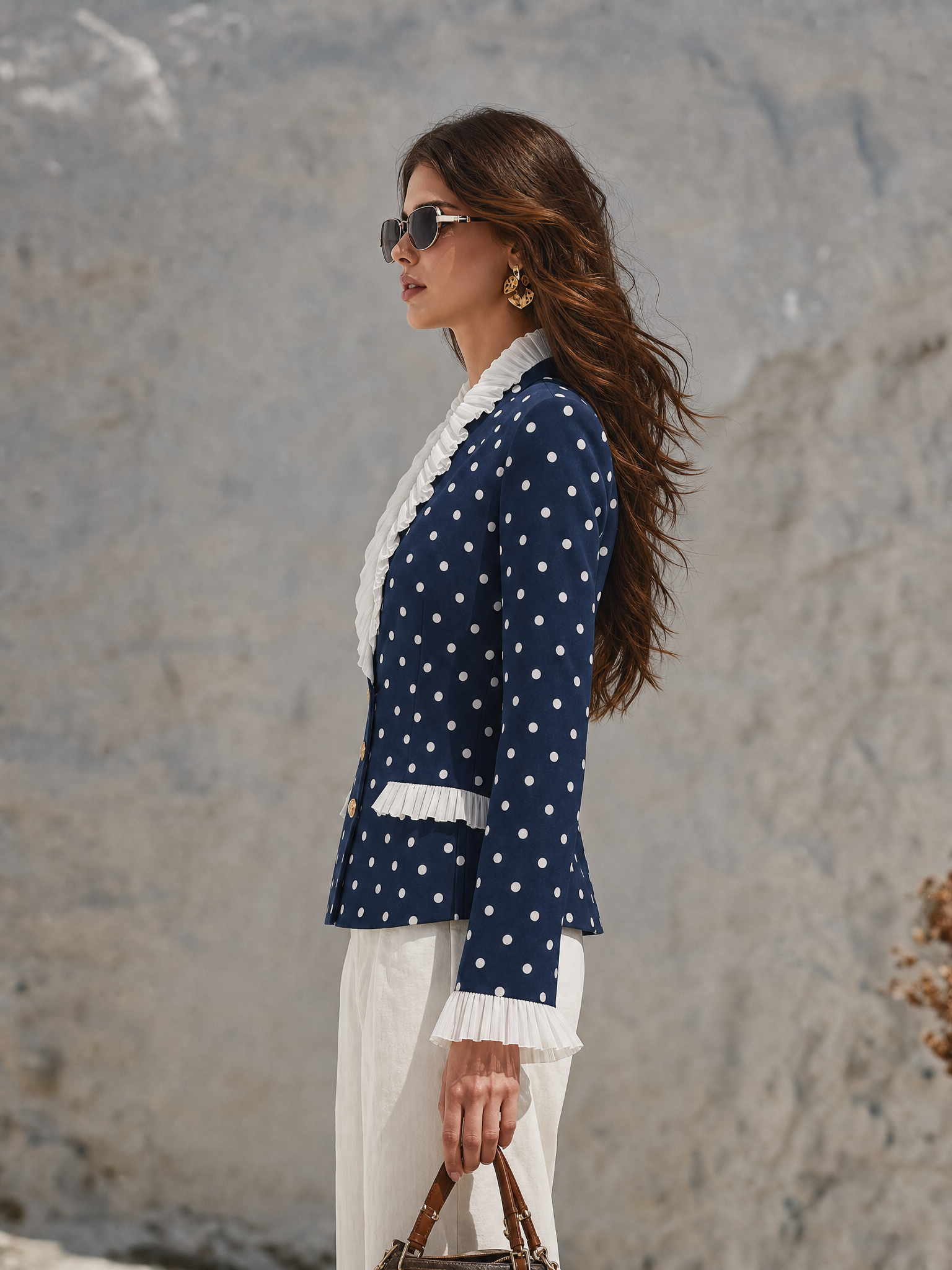 Vacation-style V-neck Polka-dot Ruffled Blazer
