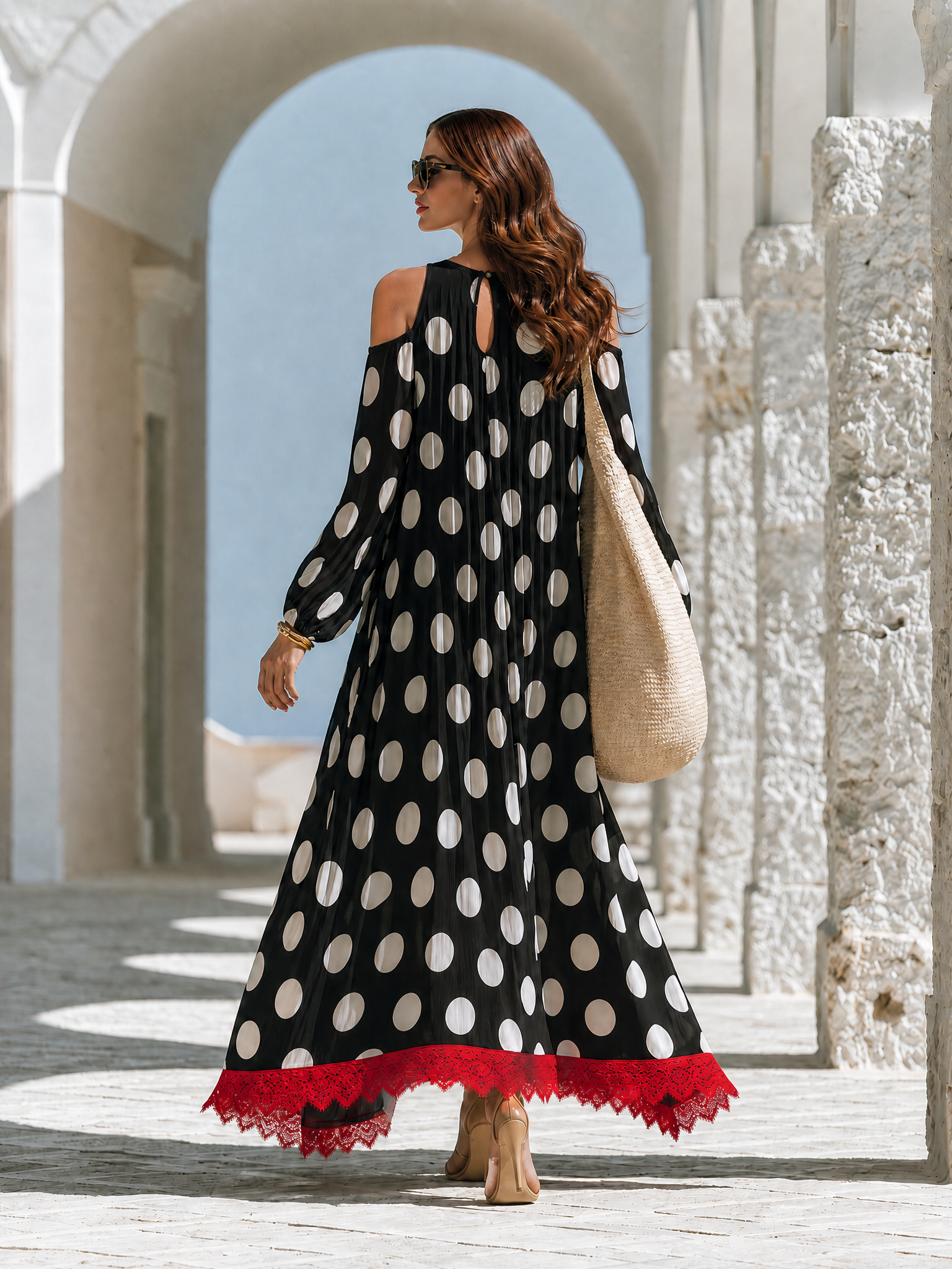 Beach-Style Long-Sleeve Lace Hem Polka-Dot Chiffon Maxi Dress