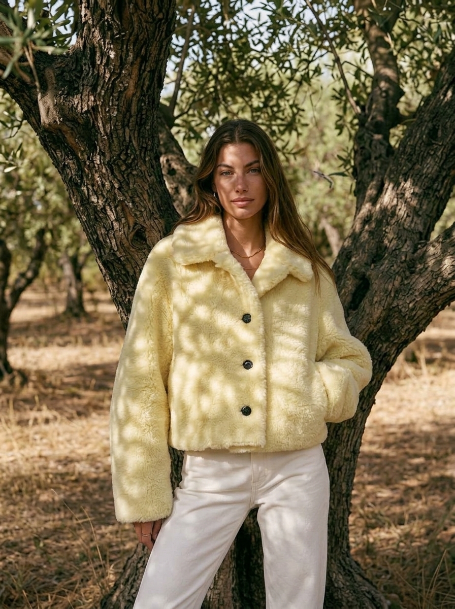 Old Money Casual Pale Yellow Lapel Single‑Breasted Cropped Fleece Teddy Jacket