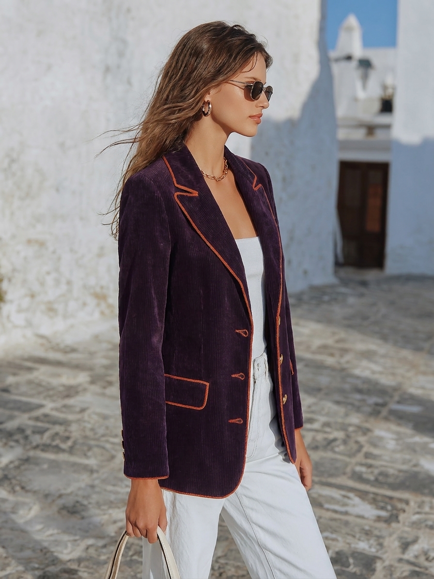 Old Money Preppy Vibe Dark Purple Corduroy Contrast Orange Piping Gold Button Blazer