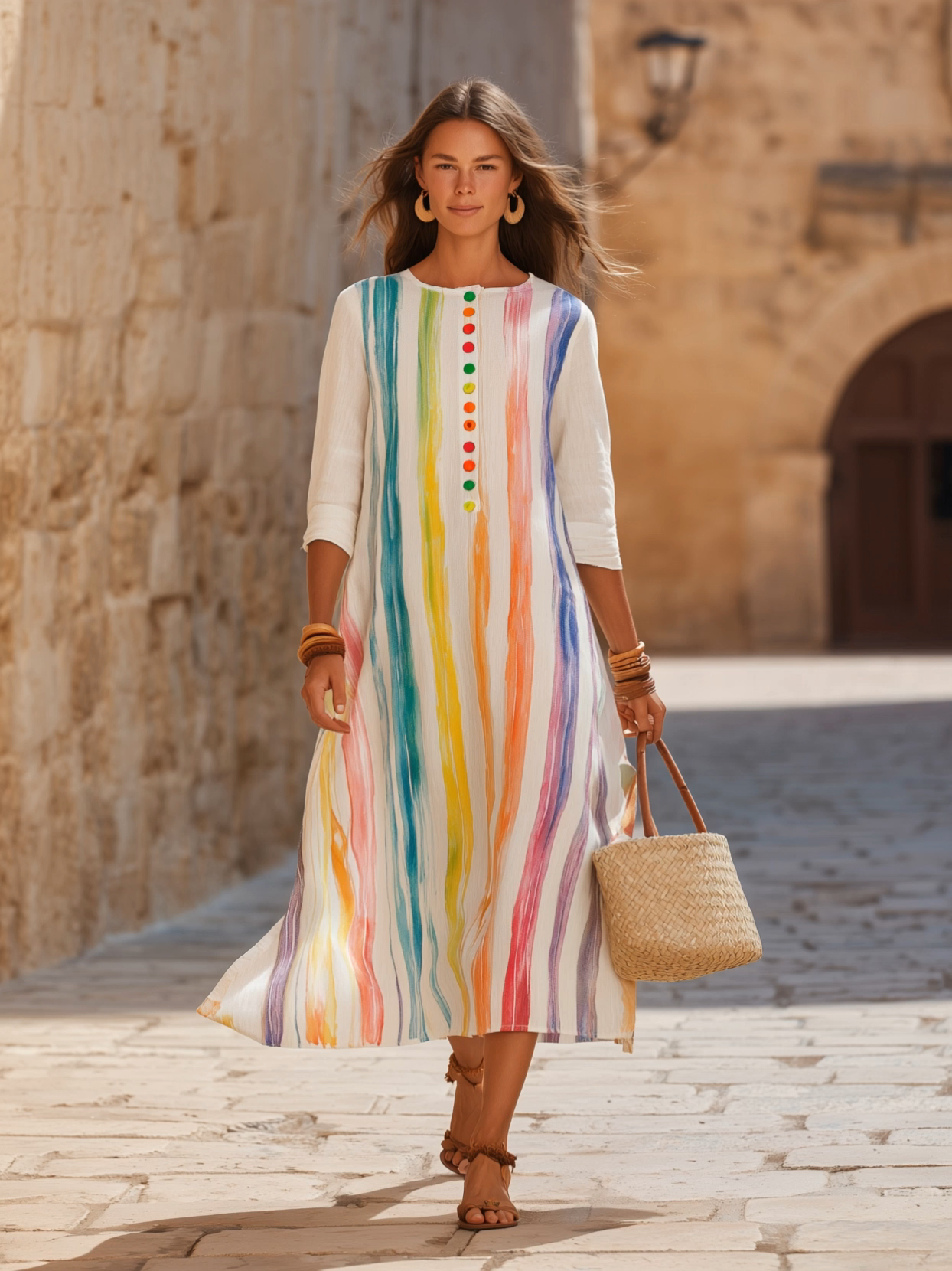 Boho Holiday Crinkled Woven Fabric Rainbow Vertical Stripe Crew Neck Three Quarter Sleeve Loose Midi Dress
