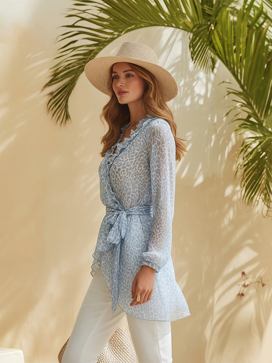 Romantic Bohemian Blue Chiffon Leopard Print Ruffled Long-Sleeve Shirt